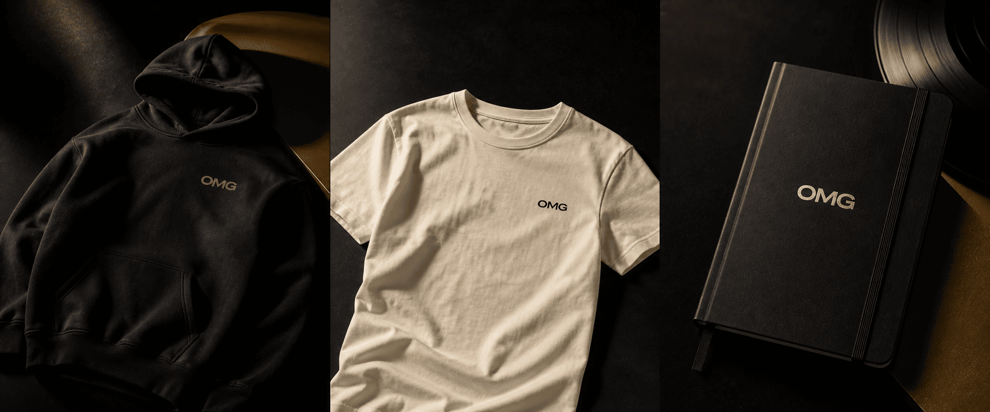 Black OMG hoodie with a minimal gold mark.
